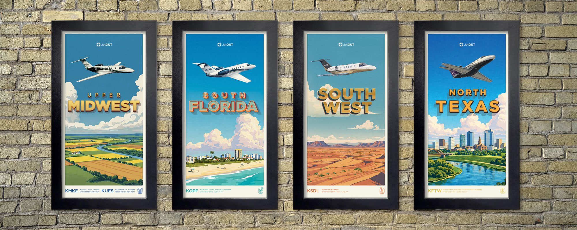 Framed Jet OUT posters of the Upper Midwest, South Florida, Southwest, and North Texas regions on a brick wall.