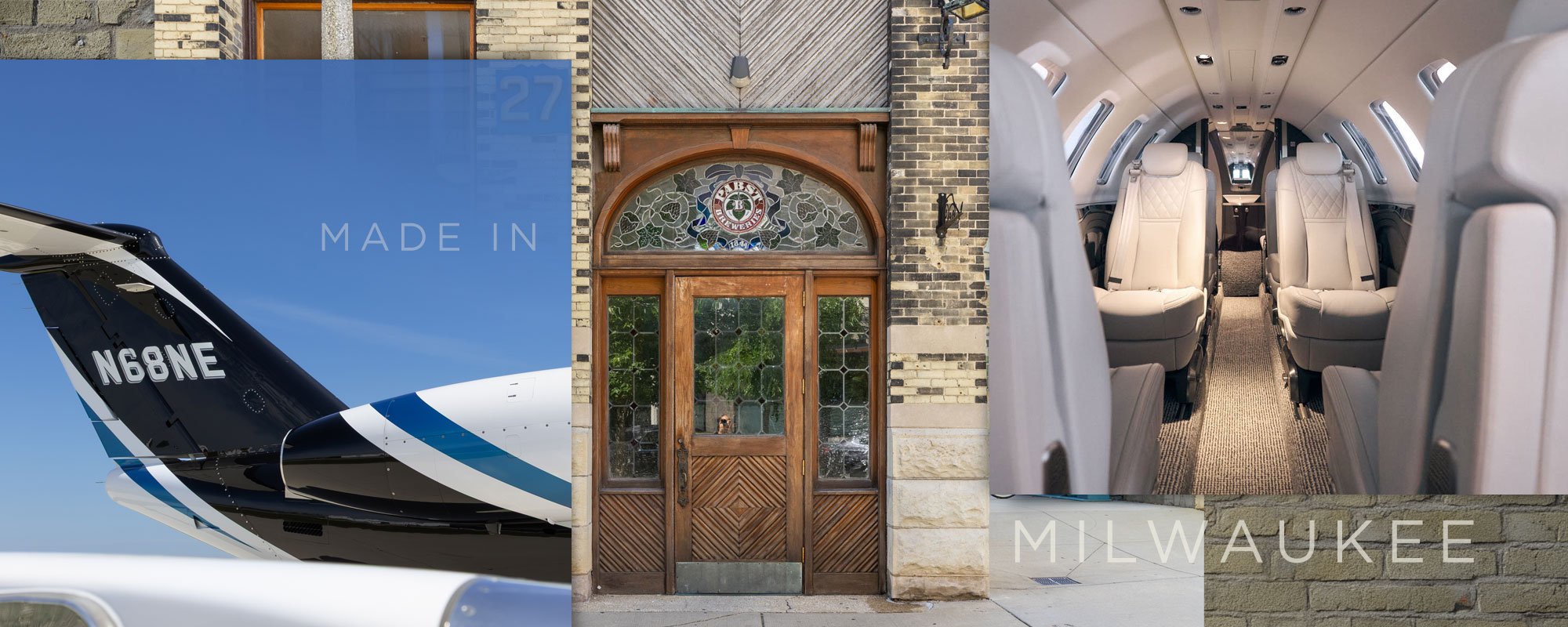 Collage of a private jet tail, a Cream City brick doorway, and a jet cabin interior with the words 